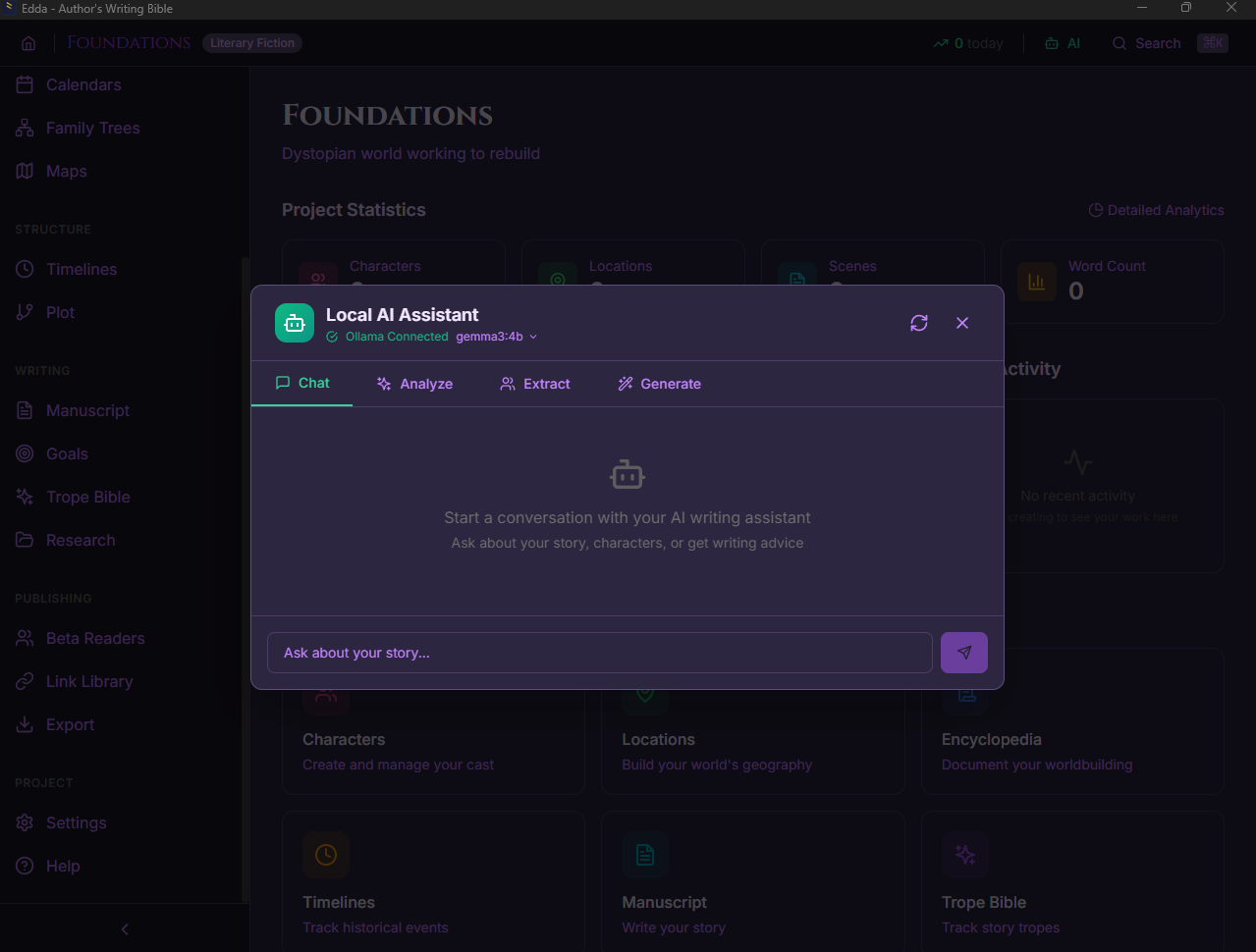 Edda's Local AI Assistant showing Ollama connected with gemma3:4b model, featuring Chat, Analyze, Extract, and Generate tabs