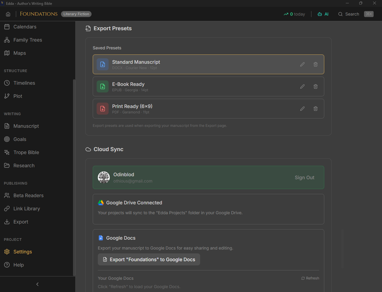 Edda's export presets for DOCX, EPUB, PDF and Google Drive cloud sync