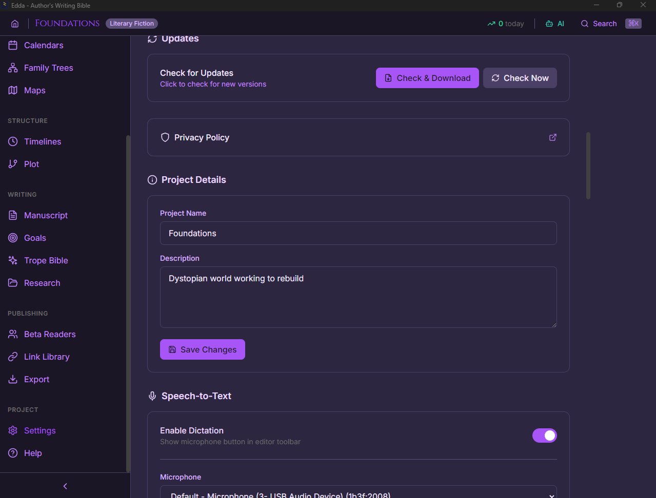 Edda project settings with speech-to-text dictation, auto-updates, and project details