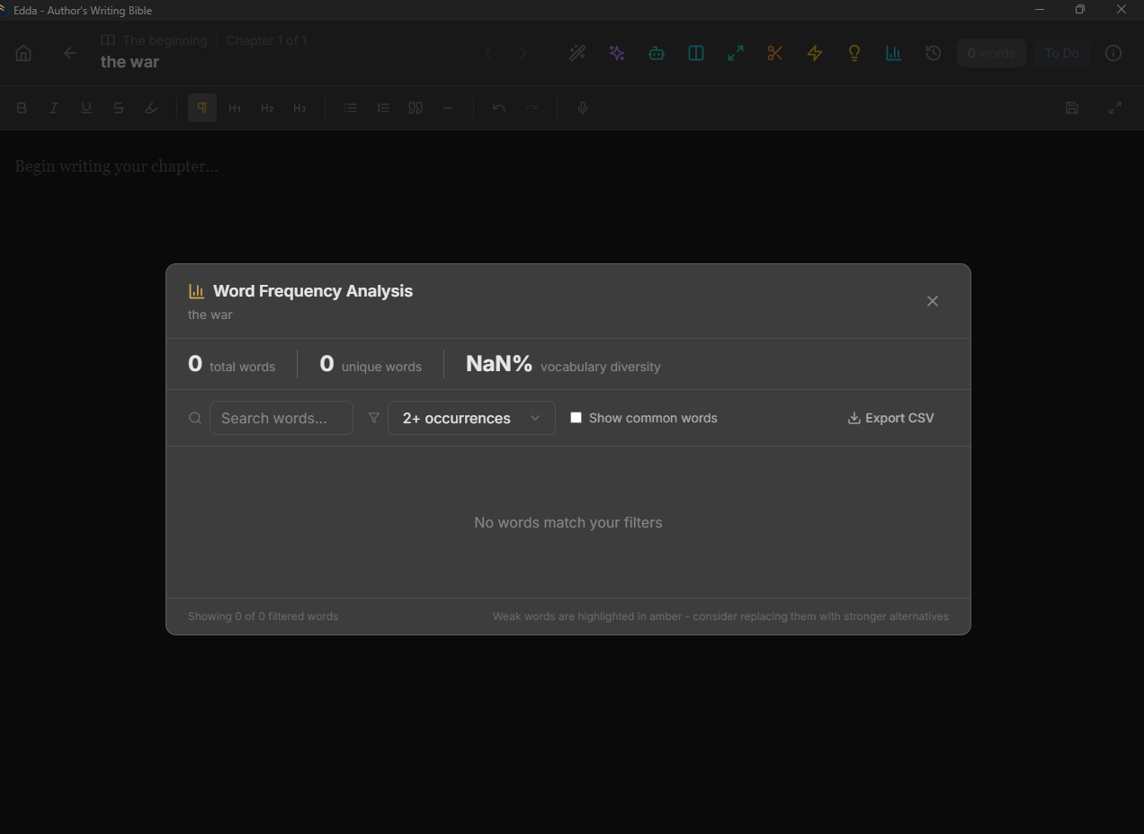 Edda's manuscript editor with Word Frequency Analysis tool